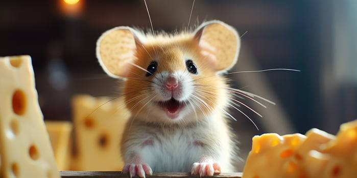 Cute mouse standing by eating delicious cheese AI Generative photo