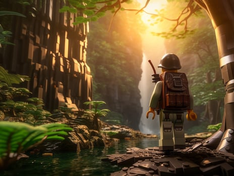 Lego character exploring a epic lego world AI Generative photo