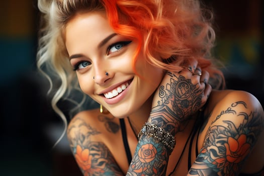 AI Generative. Healthy teeth and a beautiful wide smile of a young blonde woman with tattoos on her face and body photo