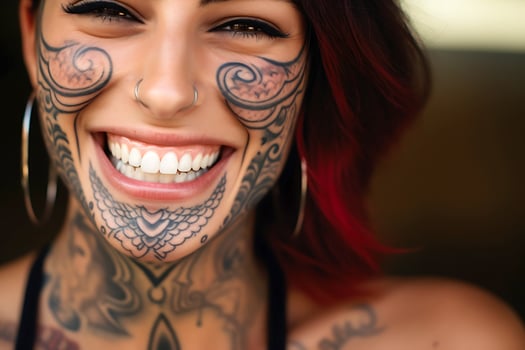 AI Generative. Healthy teeth and beautiful wide smile of a young woman with tattoos on her face and body photo