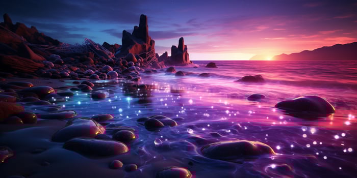 Fantasy seascape, Night view of the ocean, glowing sea, Beautifully starry night sky, dreamy atmosphere, AI Generative photo