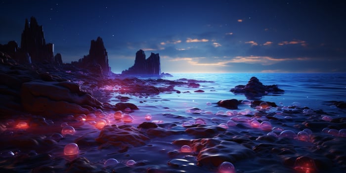 Fantasy seascape, Night view of the ocean, glowing sea, Beautifully starry night sky, dreamy atmosphere, AI Generative photo