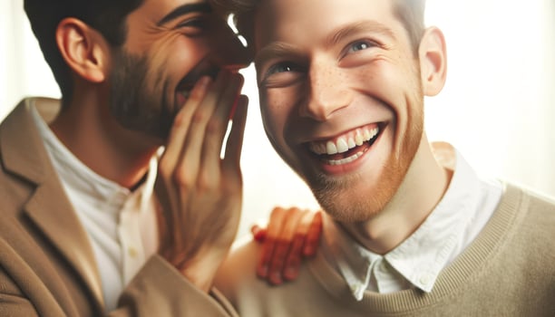 One person whispering into their partner's ear, both with glowing smiles.. Generative AI photo