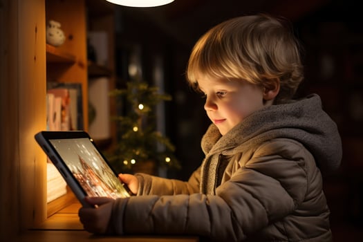 Group of young children holding tablet and hiding faces, gen Alpha. Generative AI photo