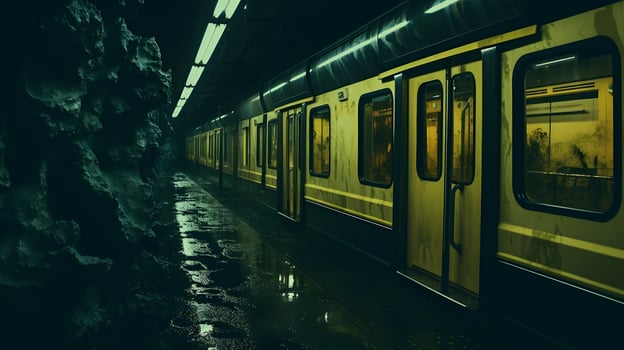 Subway train in the underground passage at night photo