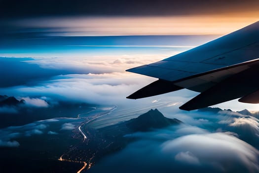 an airplane wing is seen flying over the clouds. AI-Generated photo