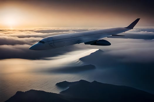 an airplane flying over the ocean with clouds in the background. AI-Generated photo