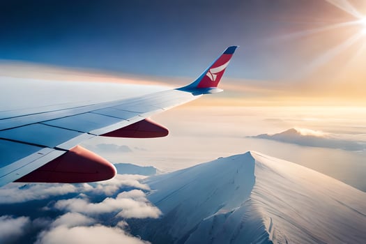 an airplane wing flying over a mountain range. AI-Generated photo