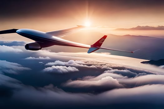 an airplane flying over the clouds at sunset. AI-Generated photo