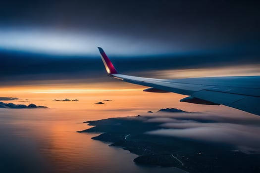 an airplane wing is seen flying over the ocean at sunset. AI-Generated photo