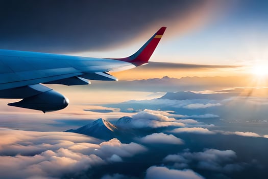 an airplane wing flying over the clouds at sunset. AI-Generated photo