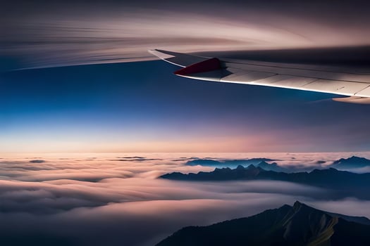 an airplane wing is seen flying over the clouds. AI-Generated photo