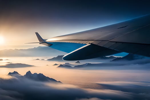 an airplane wing is flying over the mountains. AI-Generated photo