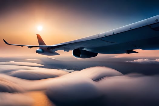 an airplane flying over clouds at sunset. AI-Generated photo