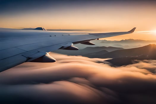 an airplane wing is seen flying over clouds. AI-Generated photo