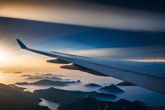 an airplane wing flying over mountains and water. AI-Generated photo