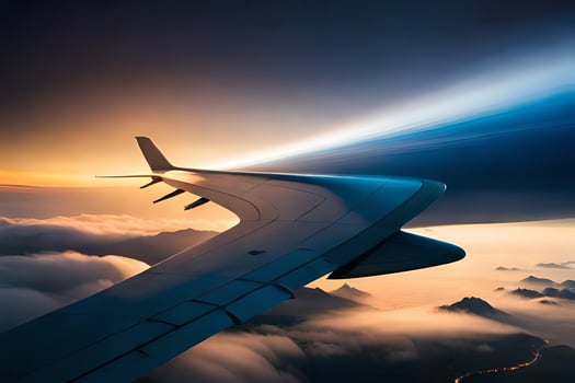 an airplane wing flying over the clouds at sunset. AI-Generated photo