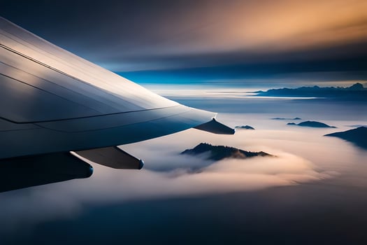 an airplane wing is flying over the ocean and mountains. AI-Generated photo