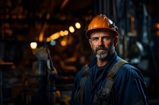 A diligent industry maintenance engineer stands tall, dressed in his professional uniform complemented by a safety hard hat. AI Generated photo