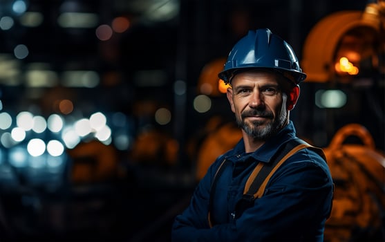A diligent industry maintenance engineer stands tall, dressed in his professional uniform complemented by a safety hard hat. AI Generated photo