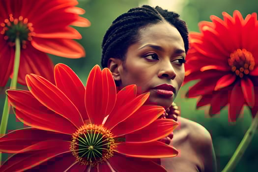 a woman with red flowers in her hand. AI-Generated photo
