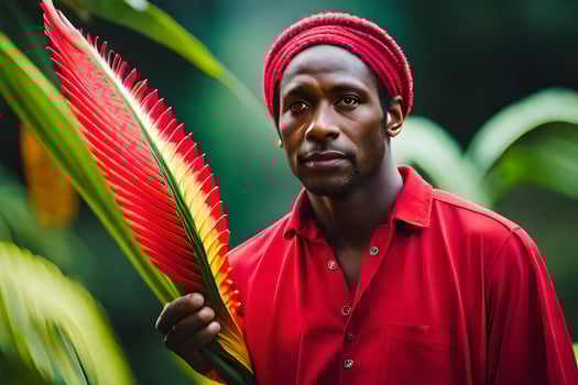 a man in a red shirt holding a leaf. AI-Generated photo
