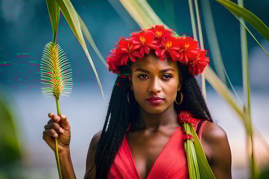 a beautiful woman in a red dress holding a palm leaf. AI-Generated photo