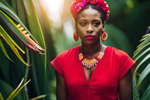 a woman in a red dress and gold jewelry. AI-Generated photo