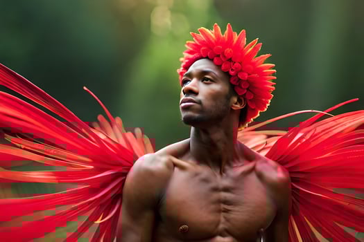 a man with red feathers on his head. AI-Generated photo
