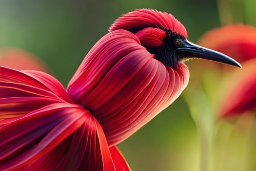 a bird with long red feathers standing in front of some flowers. AI-Generated photo
