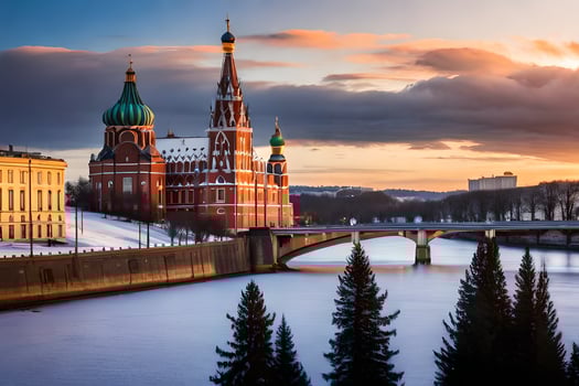 the sun sets over the river moskva in moscow, russia. AI-Generated photo