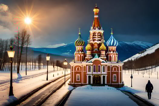 a church in the snow with a man walking by. AI-Generated photo