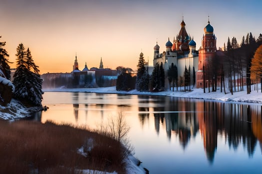 the kremlin at sunset with the river and trees. AI-Generated photo