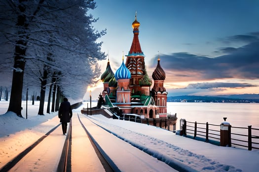 a person walking along a snowy path near a church. AI-Generated photo