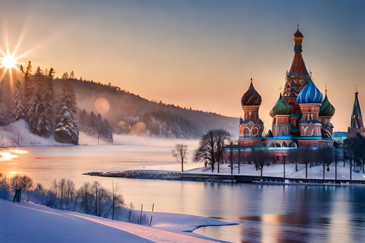 the sun rises over the red square in moscow, russia. AI-Generated photo