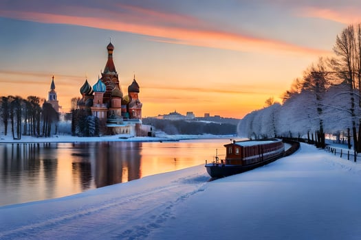 a river boat is traveling down the river in front of a church. AI-Generated photo