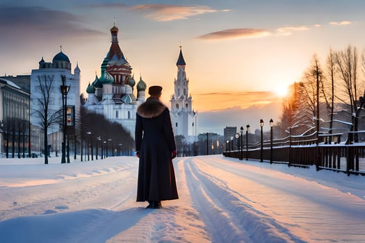 a woman in a long coat stands in front of a cathedral. AI-Generated photo