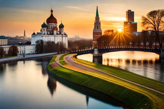 the sun rises over moscow, russia. AI-Generated photo