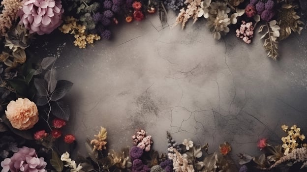 space for text on textured background surrounded by decorative stone and florals, background image, AI generated photo