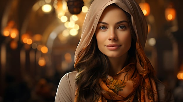 AI-Generated Beautiful woman in Arabic Muslim oriental headscarf face close-up photo