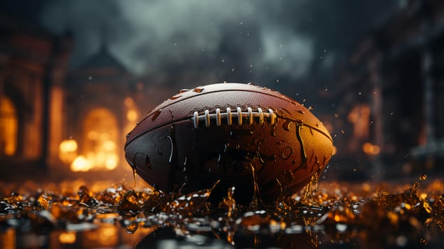 A leather ball for playing American football lies on the playing field photo