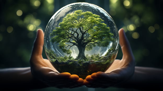 Green natural environmentally friendly wood in a glass dome sphere. Concept green energy ecologist and care for the environment photo