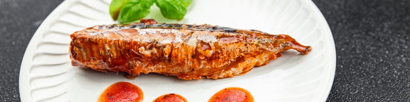 tasty mackerel tomato sauce and basil fresh canned fish seafood eating cooking appetizer meal food photo