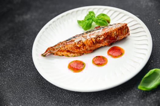 tasty mackerel tomato sauce and basil fresh canned fish seafood eating cooking appetizer meal food photo