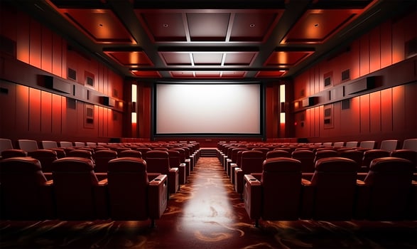 A meticulously arranged cinema hall bathed in a rich red hue, showcasing a vast white blank screen awaiting a projection. AI Generated photo