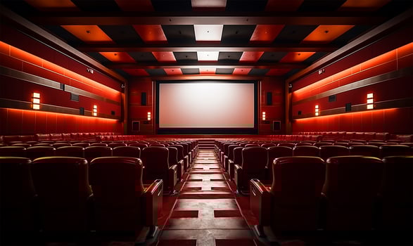 A meticulously arranged cinema hall bathed in a rich red hue, showcasing a vast white blank screen awaiting a projection. AI Generated photo