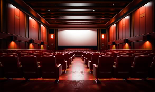A meticulously arranged cinema hall bathed in a rich red hue, showcasing a vast white blank screen awaiting a projection. AI Generated photo