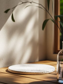 3d display podium with plant vase on wooden table near window. 3d rendering of product presentation. 3d illustration. photo