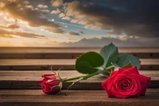 two red roses on a wooden table with a sunset in the background. AI-Generated photo