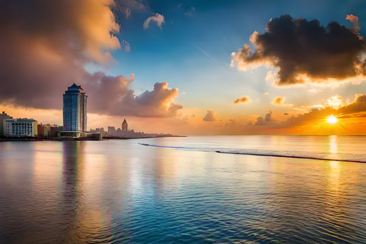 the sun sets over the ocean and buildings in havana. AI-Generated photo